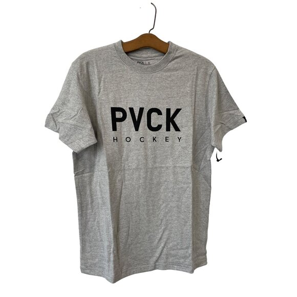 PVCK Hockey Short Sleeve Graphic T Shirt Men Size Small Crewneck Gray Cotton NEW - Picture 1 of 8